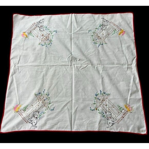 Hand Embroidered Scottish Terrier Bridge Card Table Tablecloth Scottie Dog - Picture 7 of 10